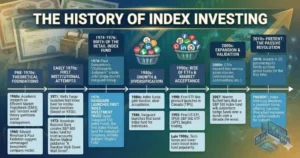 Timeline graphic showing history of index fund development