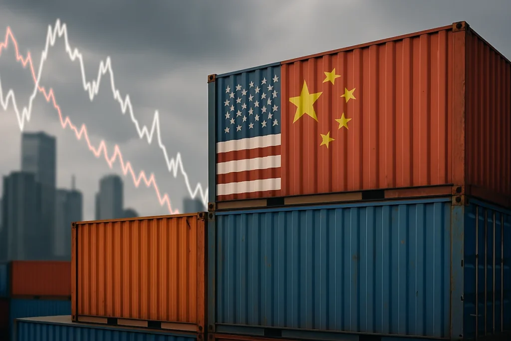 Shipping containers with US and China flags under downward market graph lines
