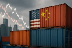Shipping containers with US and China flags under downward market graph lines