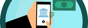 Phone with bank app icon and dollar bill symbolizing electronic money transfer