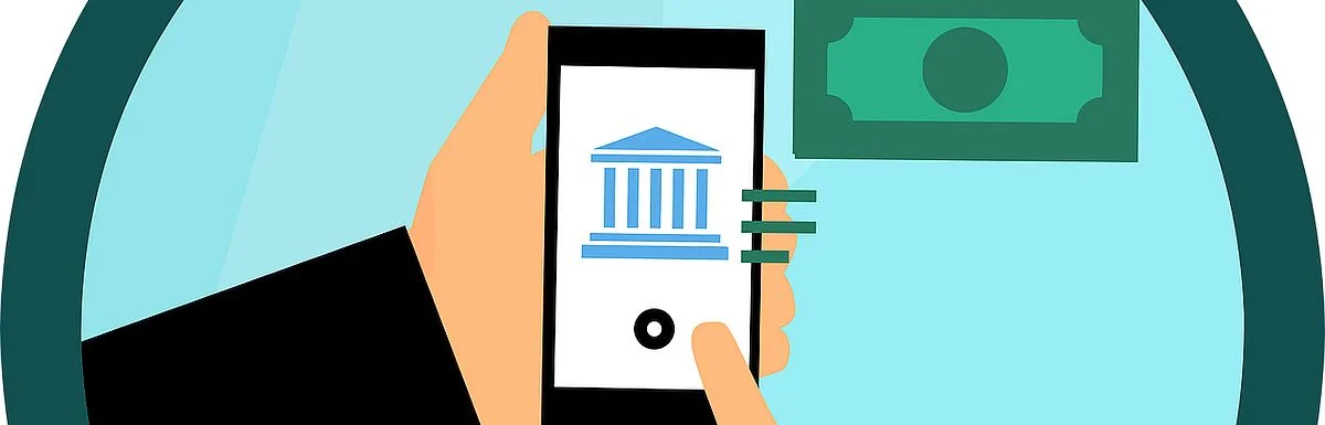 Phone with bank app icon and dollar bill symbolizing electronic money transfer