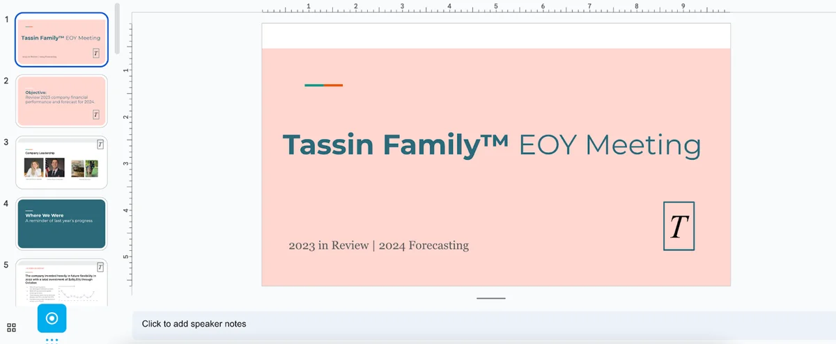 Financial planning slide deck with budget breakdown