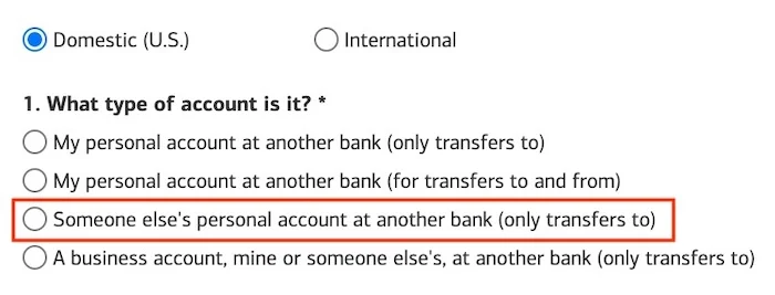 Bank of America external account linking screen showing transfer direction options