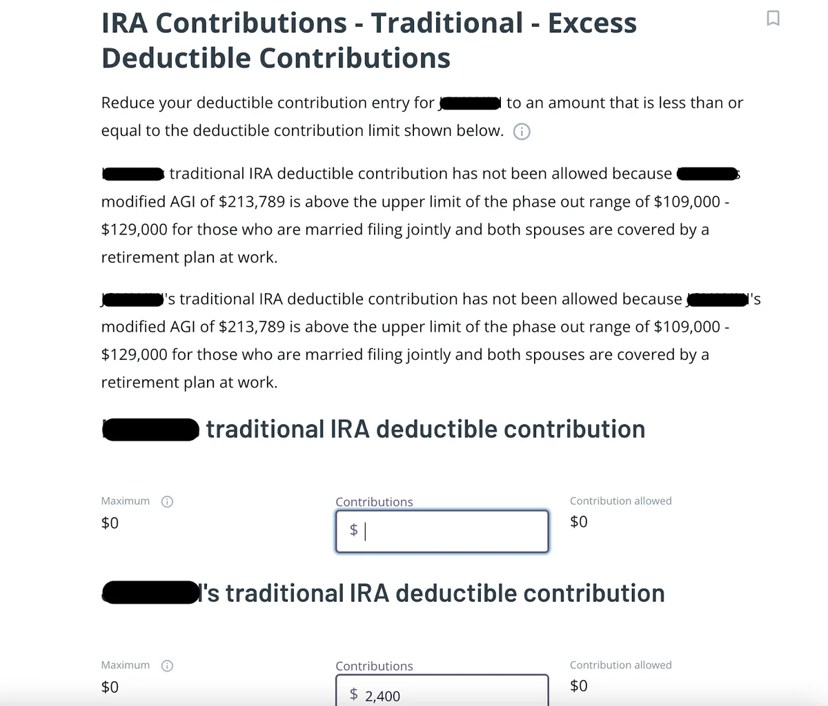 Traditional IRA overcontribution warning in tax software screen