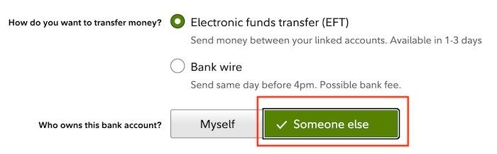 Fidelity screen asking whether linked bank account is yours or someone else's
