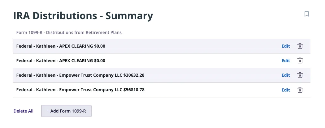 1099-R rollover distribution summary form in tax software