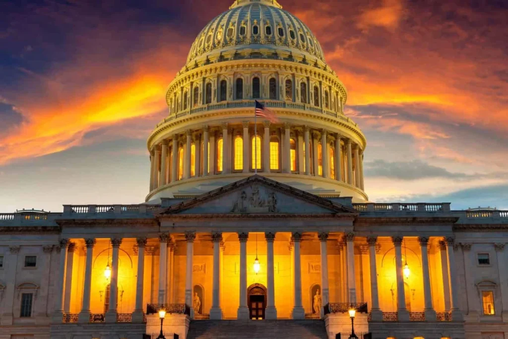 U.S. Capitol building at night in Washington DC