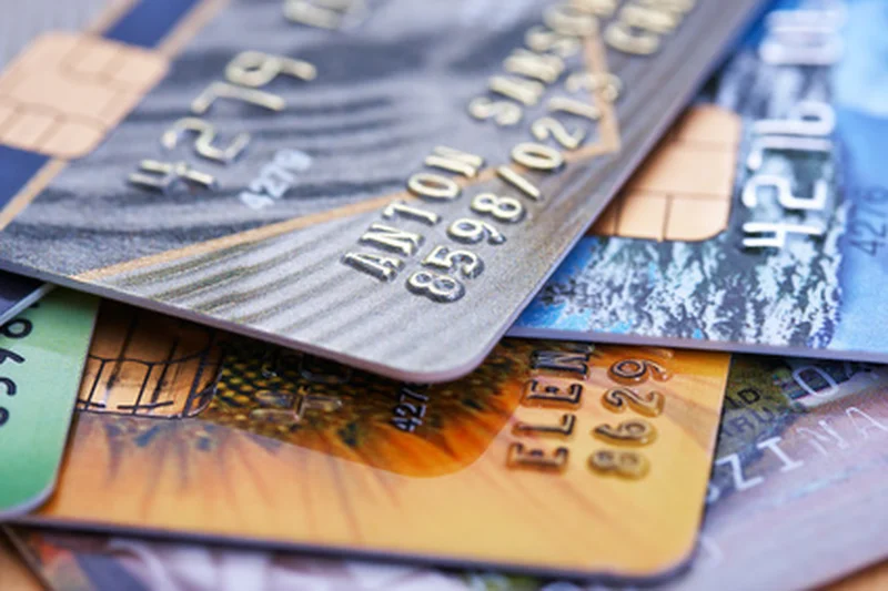 Stack of colorful credit cards in close-up