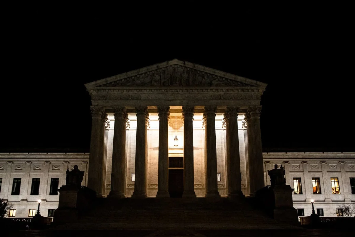 Supreme Court building illuminated at night in Washington