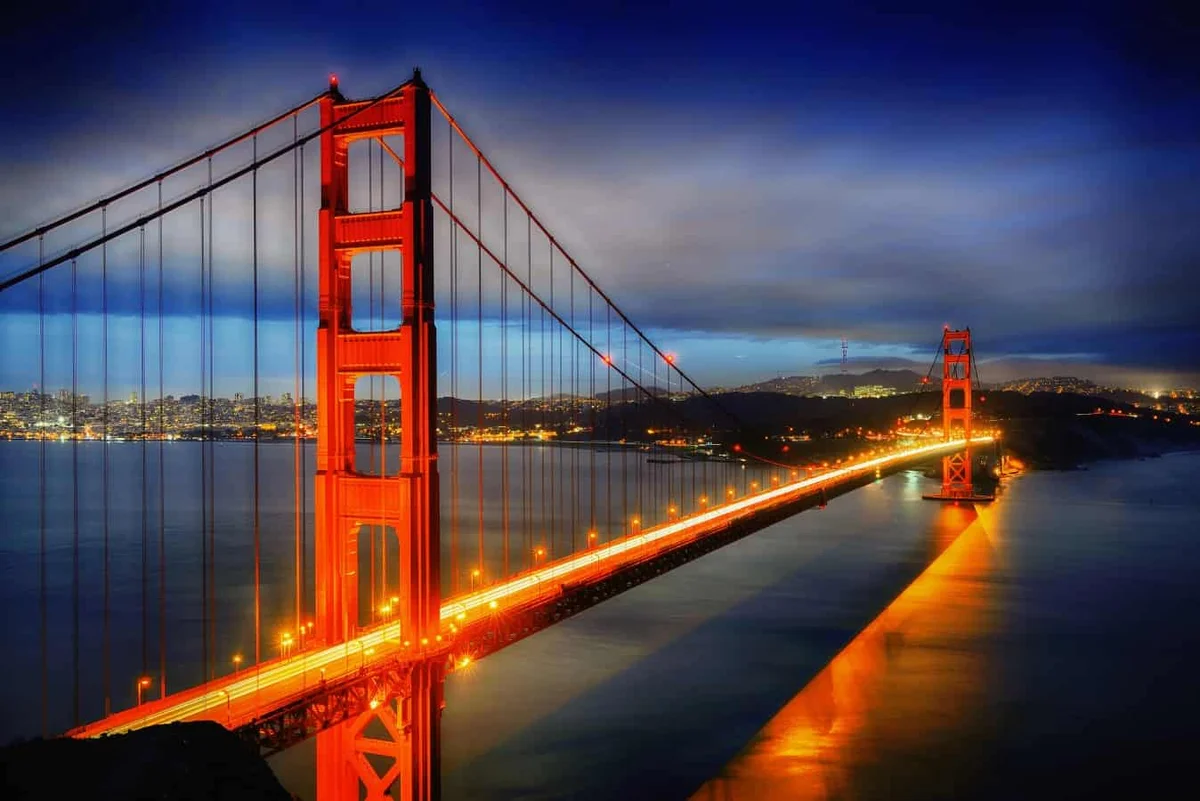 Golden Gate Bridge illuminated at night in San Francisco