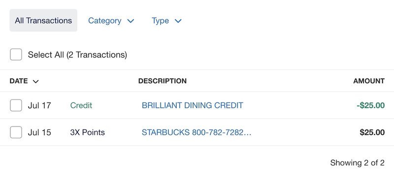Card statement showing $25 Brilliant Dining Credit
