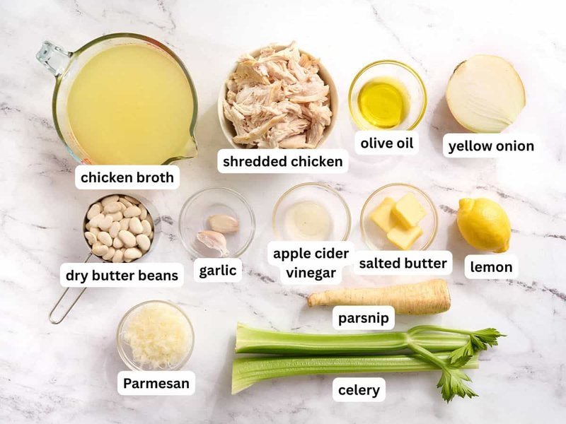 Labeled ingredients for chicken white bean stew